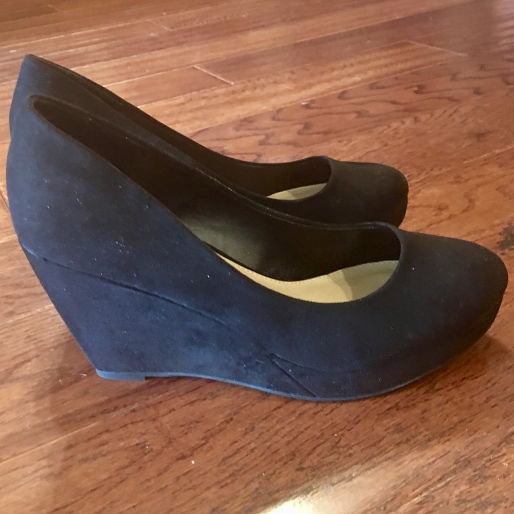 Black faux-suede wedge heels